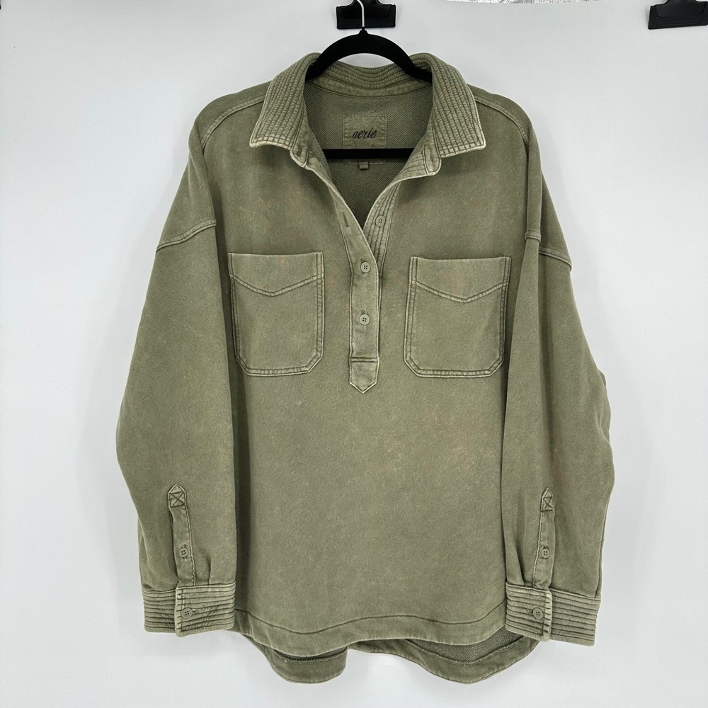 Aerie Olive Green Popover Polo Sweatshirt Oversized Comfy Lounge Patch Pocket L